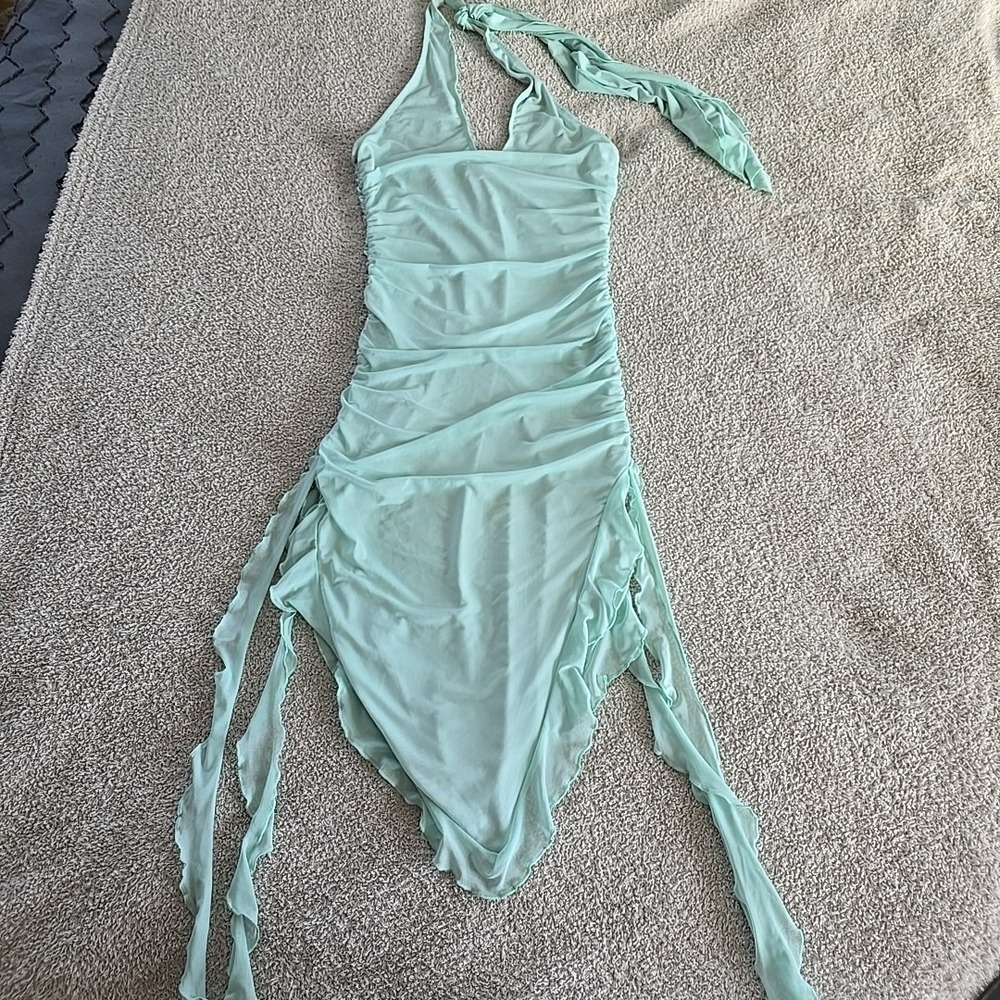 Generation Kiss Mesh Ruffle Hem Midi Dress Ruching Halter Tie Green Size M Fairy - Picture 7 of 13